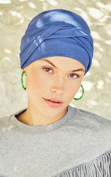 zoya turban blue melange fra viva headwear. turben for cancer